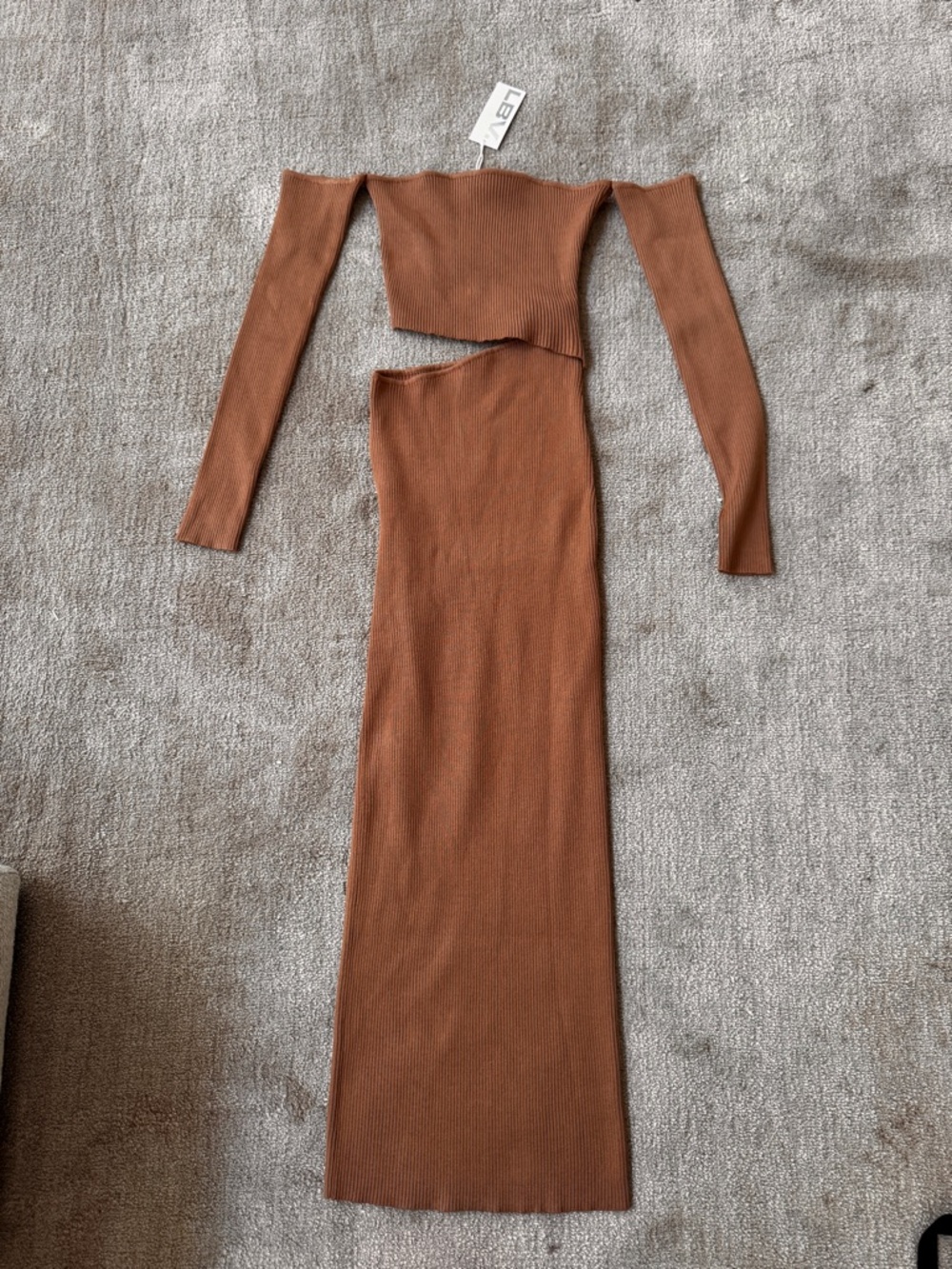 Ribbed Off-Shoulder Cutout Maxi Dress - Brown